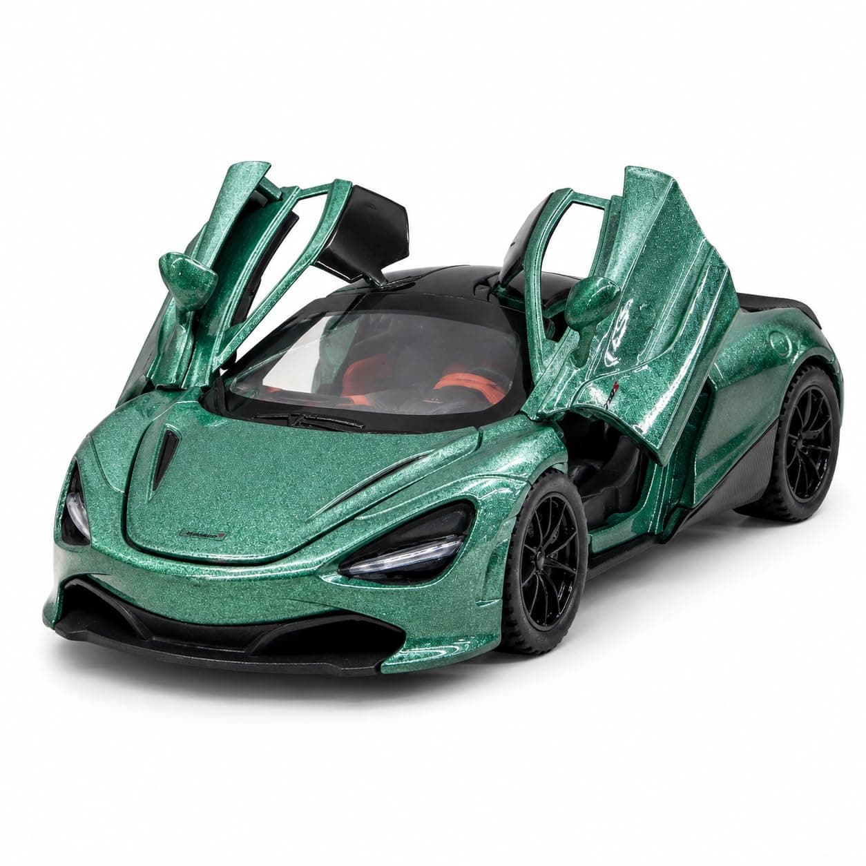 Metallic Green Sports Car Model Toy with Opening Doors & Push-Back Action